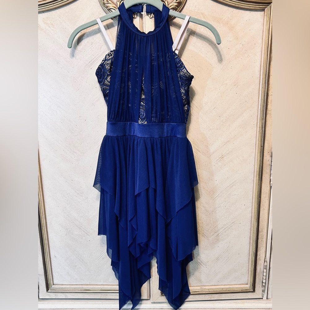 Weissman Blue Lace Asymmetrical Mesh Bodysuit Halter Dance Skating Dress